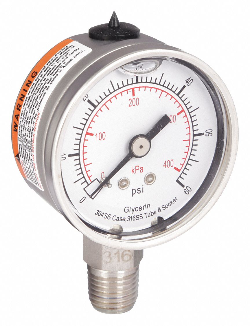 Commercial Pressure Gauge: 0 psi / Hg to 60 psi, 2 in Dial, 1/4 in NPT Male, Bottom