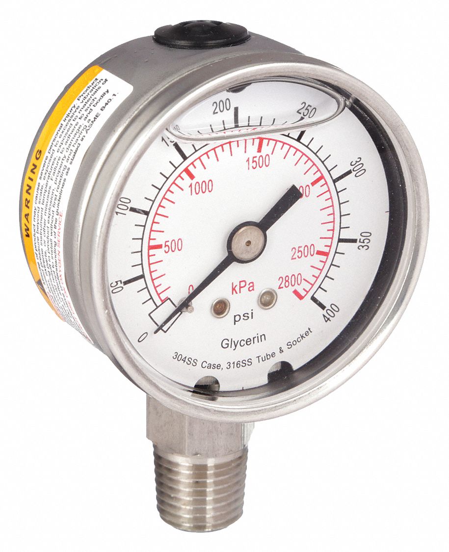 Commercial Pressure Gauge: 0 psi / Hg to 400 psi, 2 in Dial, 1/4 in NPT Male, Bottom