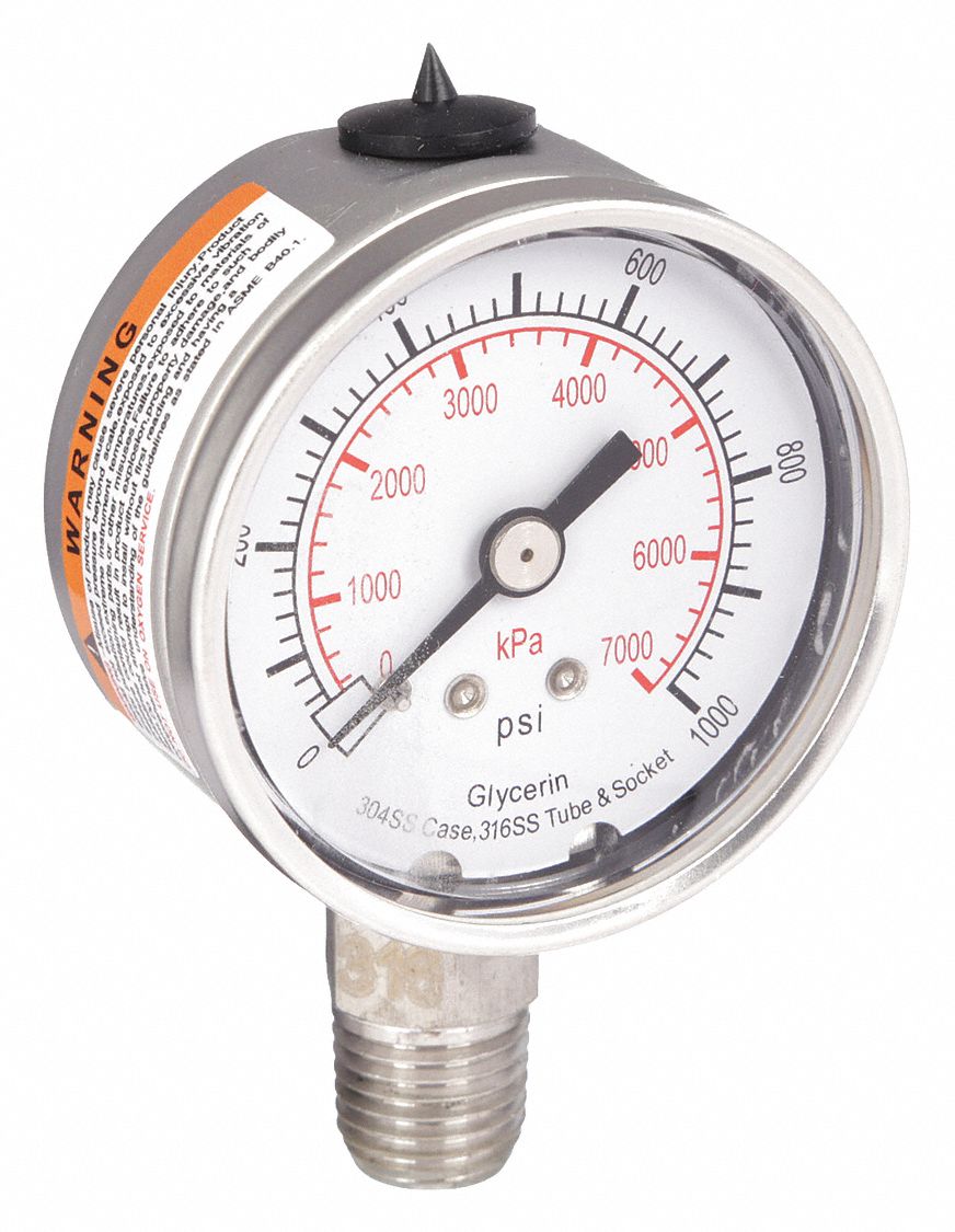 Commercial Pressure Gauge: 0 psi / Hg to 1, 000 psi, 2 in Dial, 1/4 in NPT Male, Dual