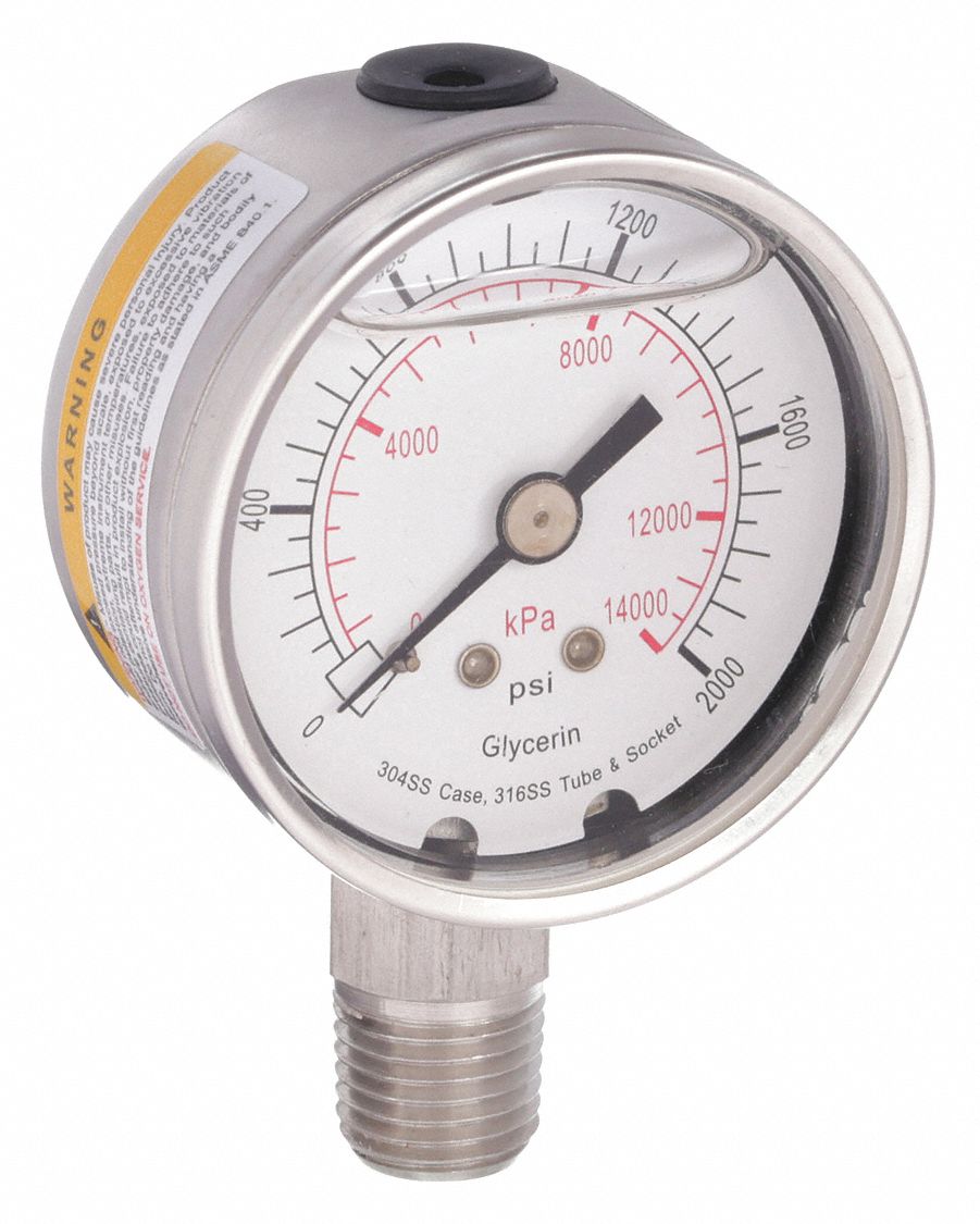 Commercial Pressure Gauge: 0 psi / Hg to 2, 000 psi, 2 in Dial, 1/4 in NPT Male, Dual