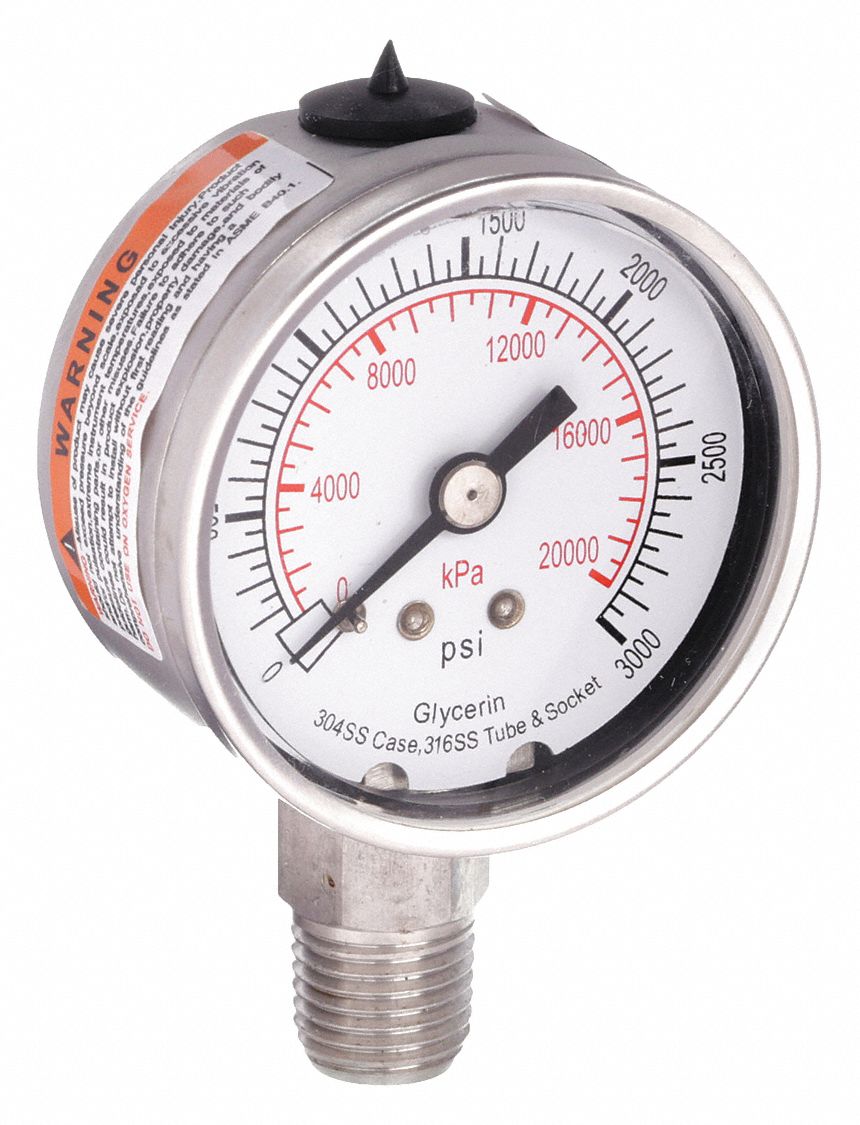 Commercial Pressure Gauge: 0 psi / Hg to 3, 000 psi, 2 in Dial, 1/4 in NPT Male, Dual