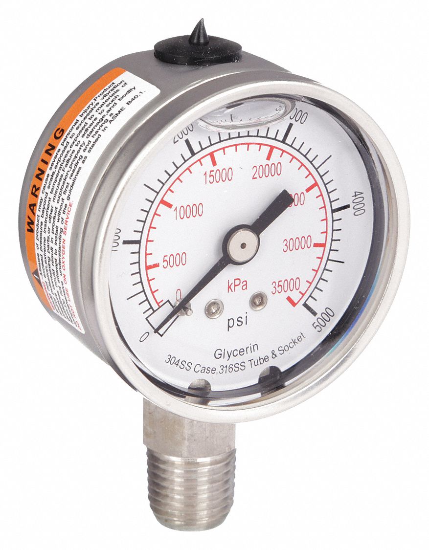 Commercial Pressure Gauge: 0 psi / Hg to 5, 000 psi, 2 in Dial, 1/4 in NPT Male, Dual