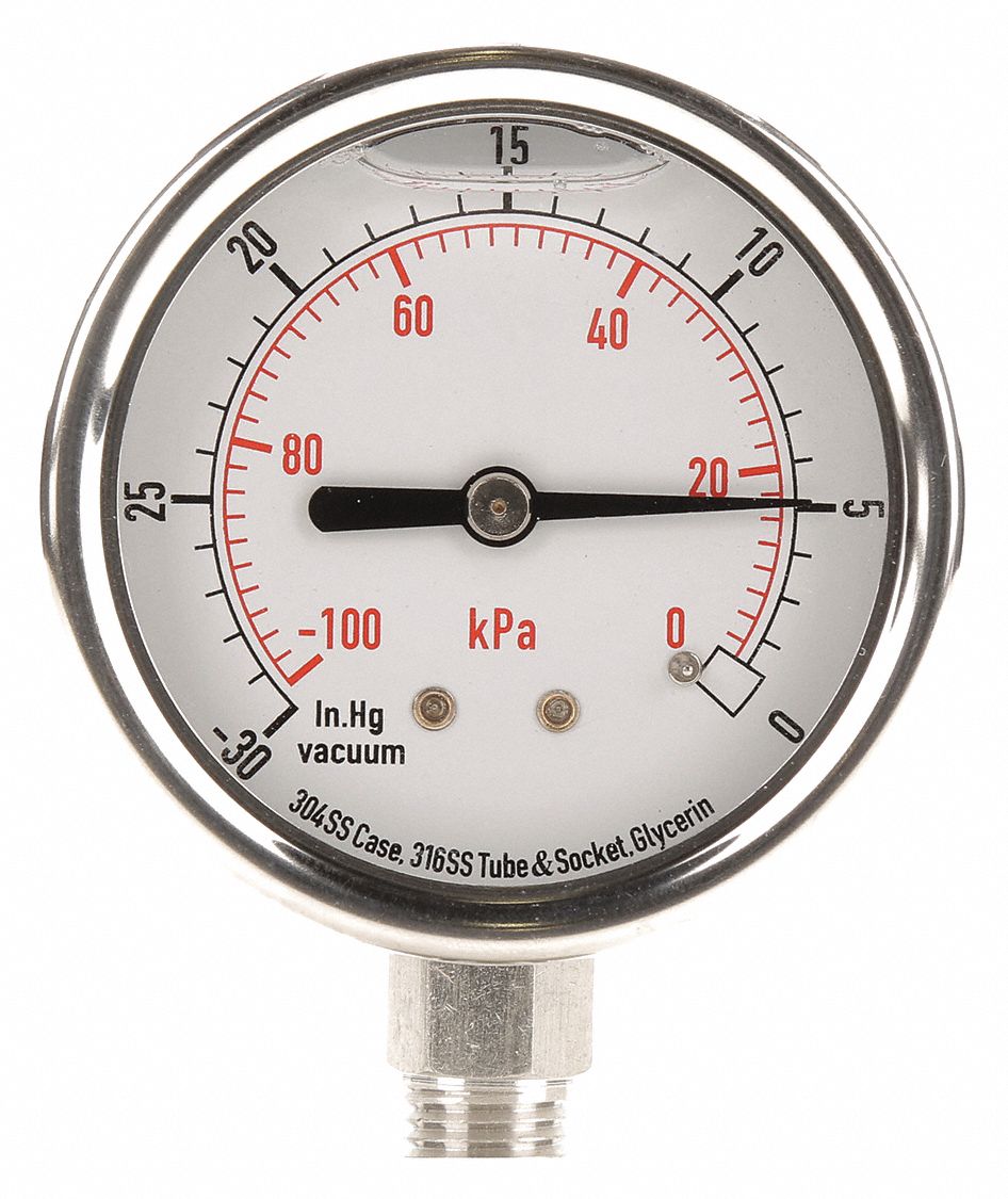 GRAINGER APPROVED Vacuum Gauge, 100 kPa Vac to 0, 30 in Hg Vac to 0 Range, 1/4 in MNPT, +/323