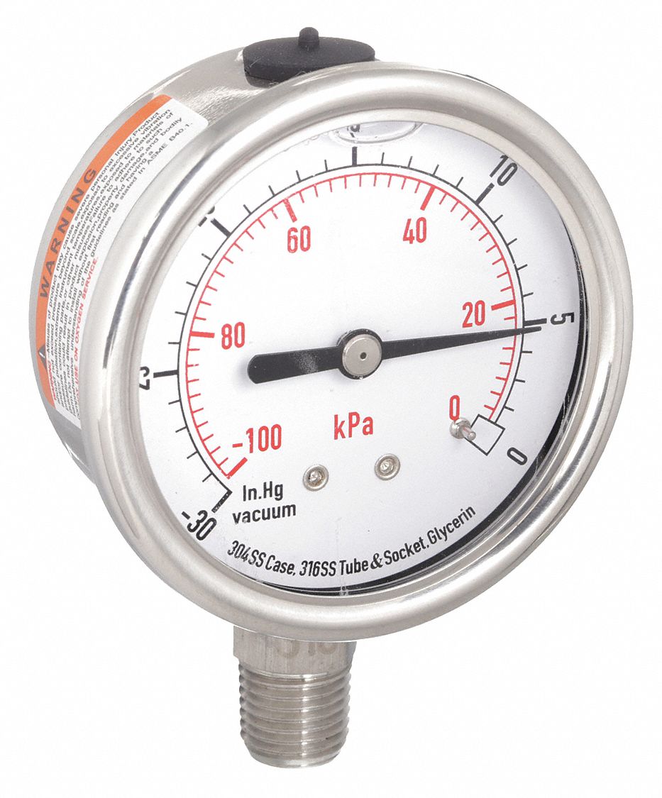 Commercial Vacuum Gauge: 30 in Hg, 2 1/2 in Dial, 1/4 in NPT Male, Bottom, Dual