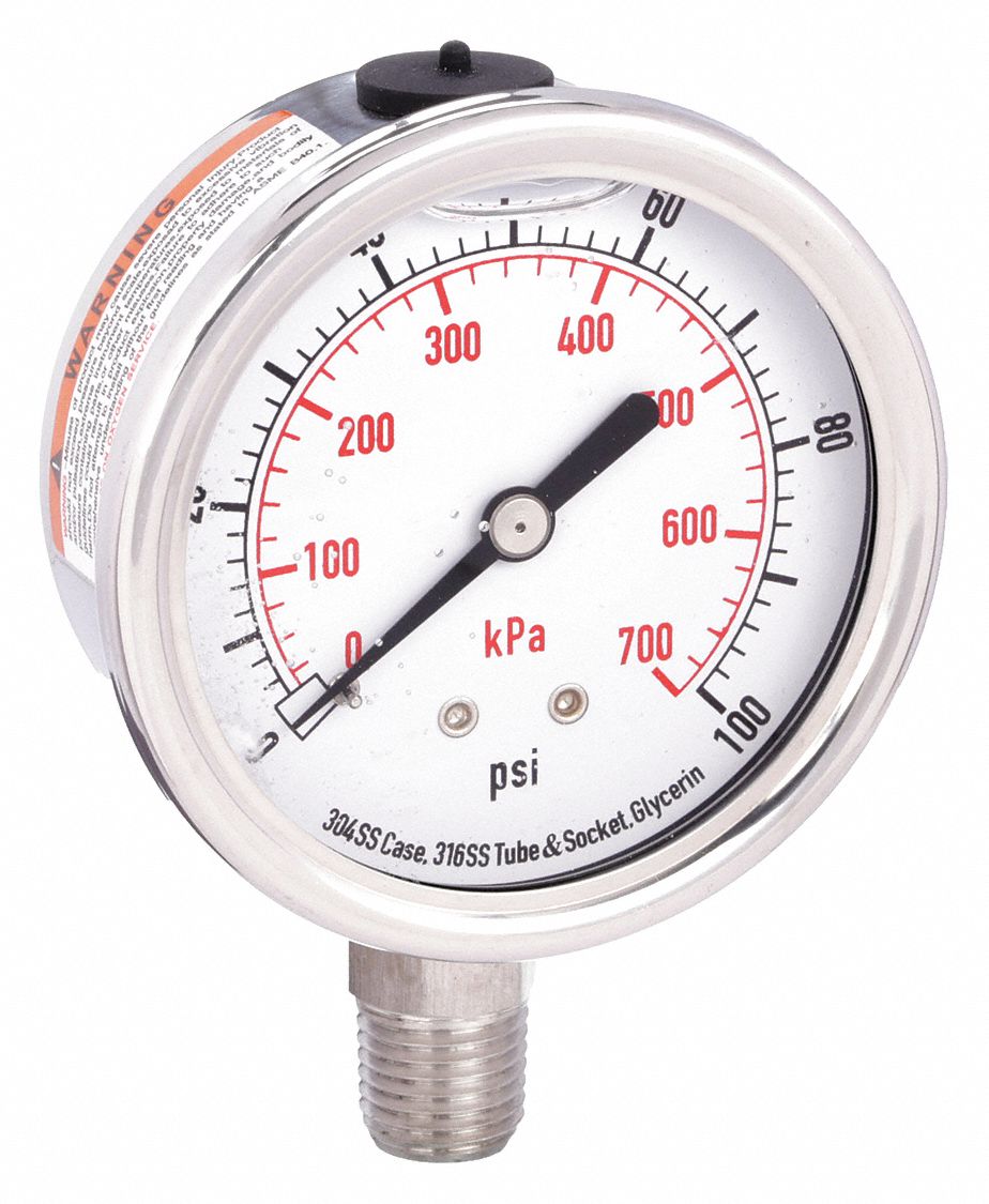 PRESSURE GAUGE, BOTTOM MOUNT, GLYCERIN-FILLED, 0-100 PSI, 1/4 IN, 2-1/2 IN, SS/COPPER