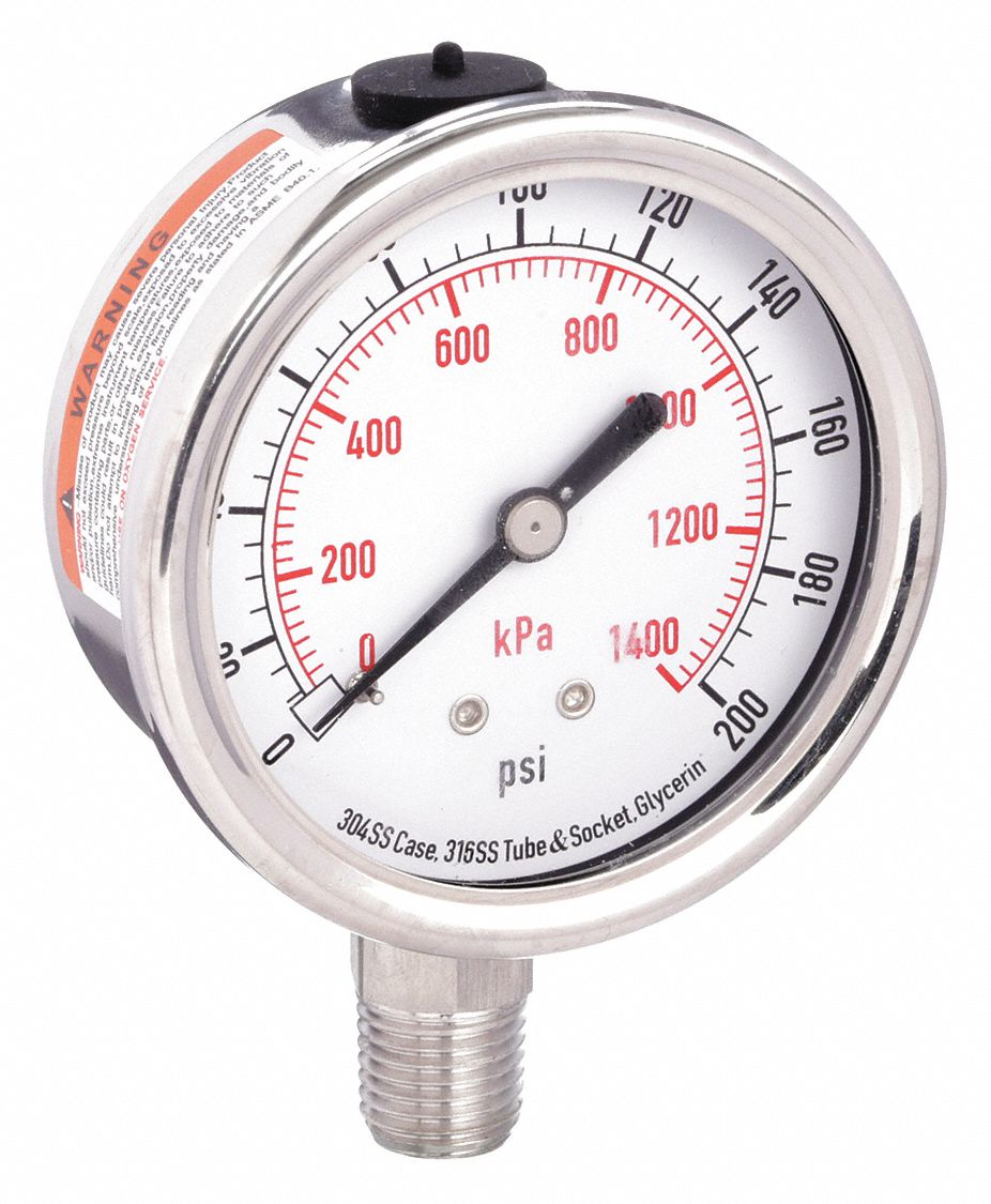 PRESSURE GAUGE, BOTTOM MOUNT, GLYCERIN-FILLED, 0-3000 PSI, 1/4 IN, 2 1/2 IN, SS/COPPER