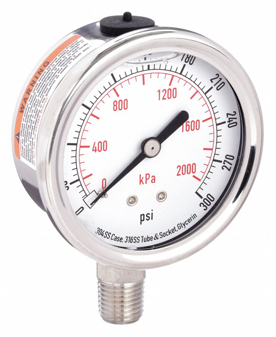 PRESSURE GAUGE, BOTTOM MOUNT, GLYCERIN-FILLED, 0-300 PSI, 1/4 IN, 2 1/2 IN, SS/COPPER