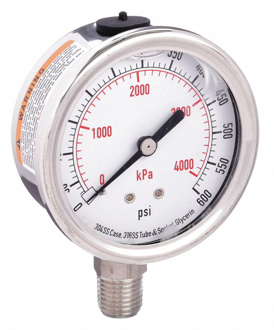 Commercial Pressure Gauge: 0 psi / Hg to 600 psi, 2 1/2 in Dial, 1/4 in NPT Male