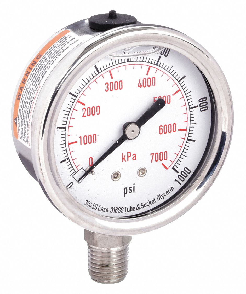 Commercial Pressure Gauge: 0 psi / Hg to 1, 000 psi, 2 1/2 in Dial, 1/4 in NPT Male