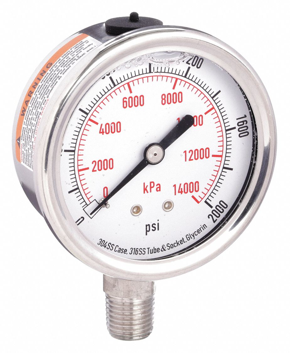 COMMERCIAL PRESSURE GAUGE, 0 PSI/HG TO 2,000 PSI, 2 1/2 IN DIAL, 1/4 IN NPT MALE