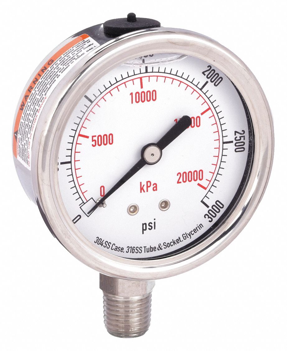 Commercial Pressure Gauge: 0 psi / Hg to 3, 000 psi, 2 1/2 in Dial, 1/4 in NPT Male