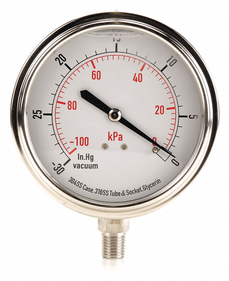 GRAINGER APPROVED Vacuum Gauge, 100 kPa Vac to 0, 30 in Hg Vac to 0