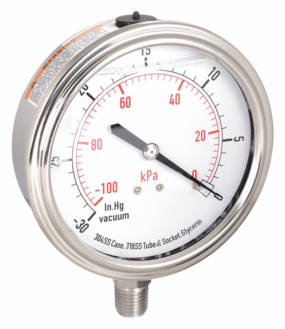Commercial Vacuum Gauge: 30 in Hg, 3 1/2 in Dial, 1/4 in NPT Male, Bottom, Dual