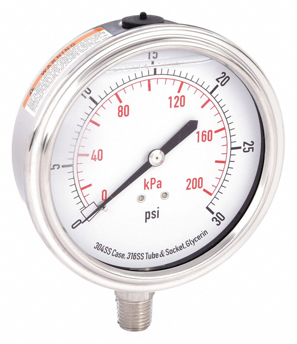 Commercial Pressure Gauge: 0 psi / Hg to 30 psi, 3 1/2 in Dial, 1/4 in NPT Male