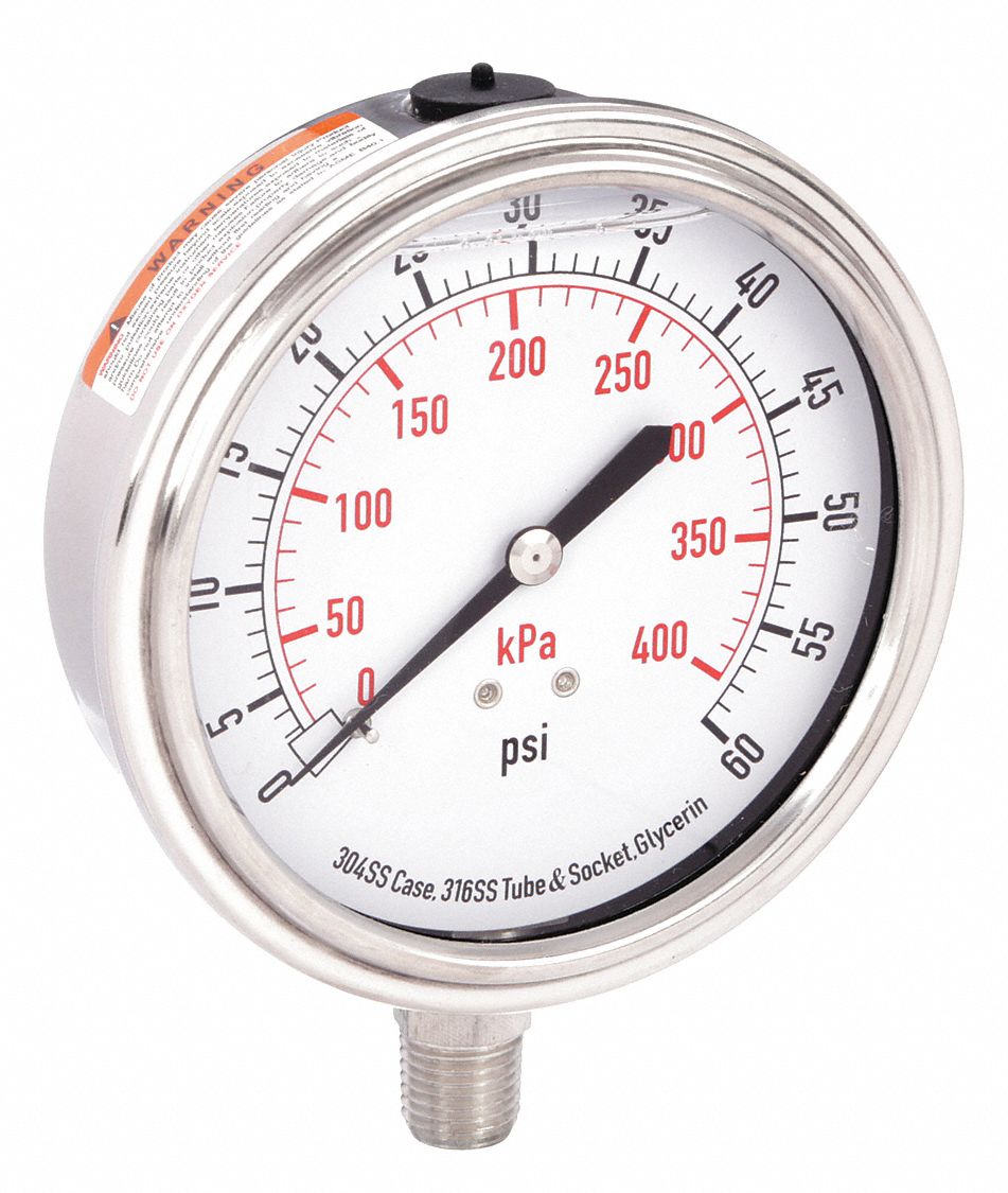 Commercial Pressure Gauge: 0 psi / Hg to 60 psi, 3 1/2 in Dial, 1/4 in NPT Male
