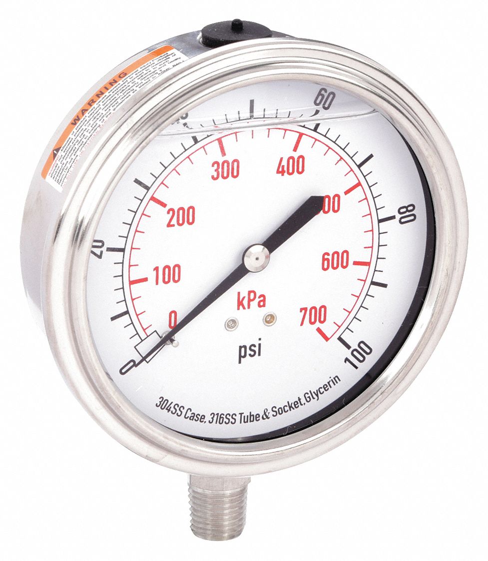 Commercial Pressure Gauge: 0 psi / Hg to 100 psi, 3 1/2 in Dial, 1/4 in NPT Male
