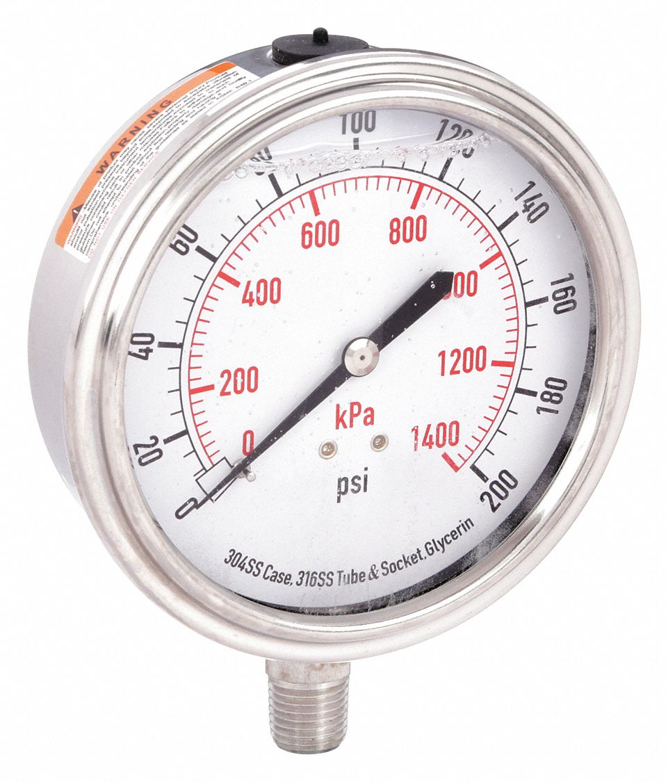 Commercial Pressure Gauge: 0 psi / Hg to 200 psi, 3 1/2 in Dial, 1/4 in NPT Male