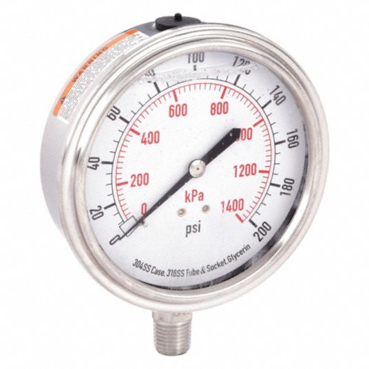 0 to 200 psi ( 0 to 1,400 kPa ), 3 1/2 in Dial, Commercial Pressure ...