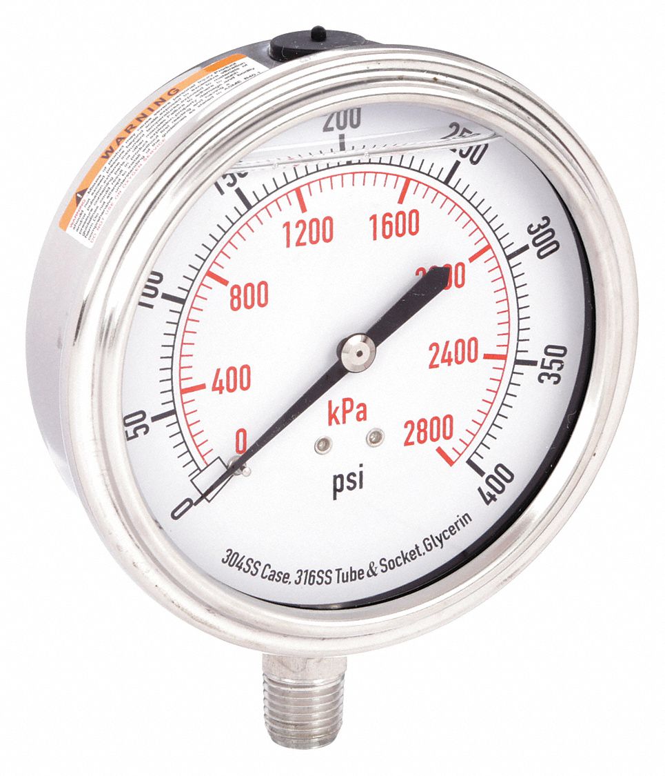 Commercial Pressure Gauge: 0 psi / Hg to 400 psi, 3 1/2 in Dial, 1/4 in NPT Male