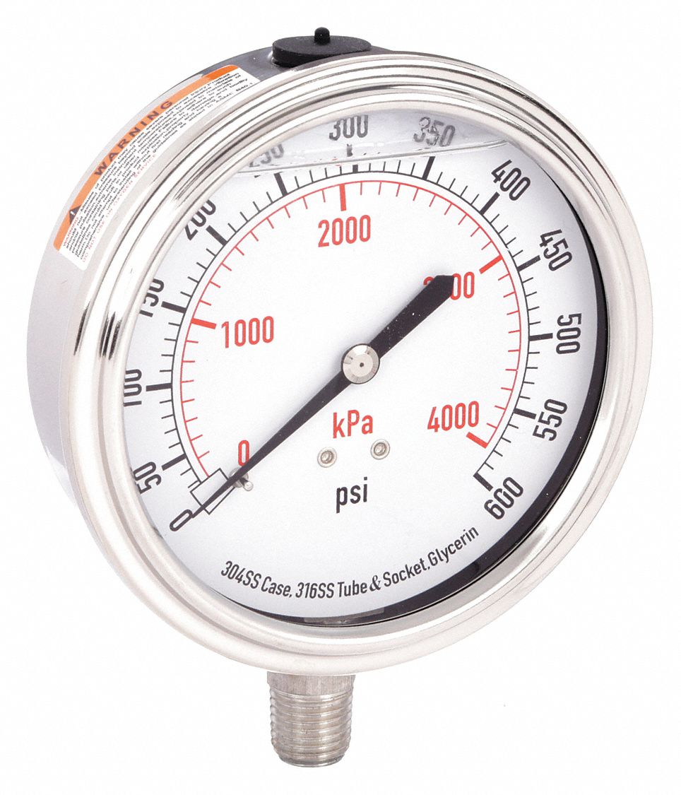Commercial Pressure Gauge: 0 psi / Hg to 600 psi, 3 1/2 in Dial, 1/4 in NPT Male
