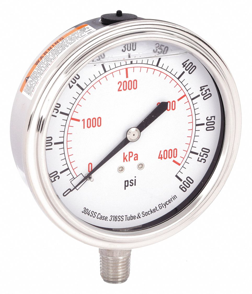 GAUGE 3-1/2IN 0-600PSI SS LIQ FILL