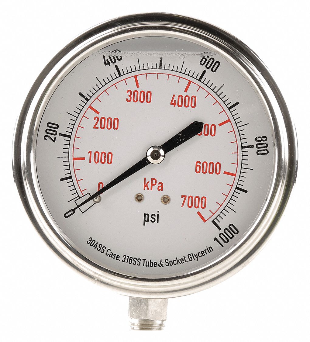 GRAINGER APPROVED Pressure Gauge, 0 to 1000 psi, 0 to 7000 kPa Range, 1