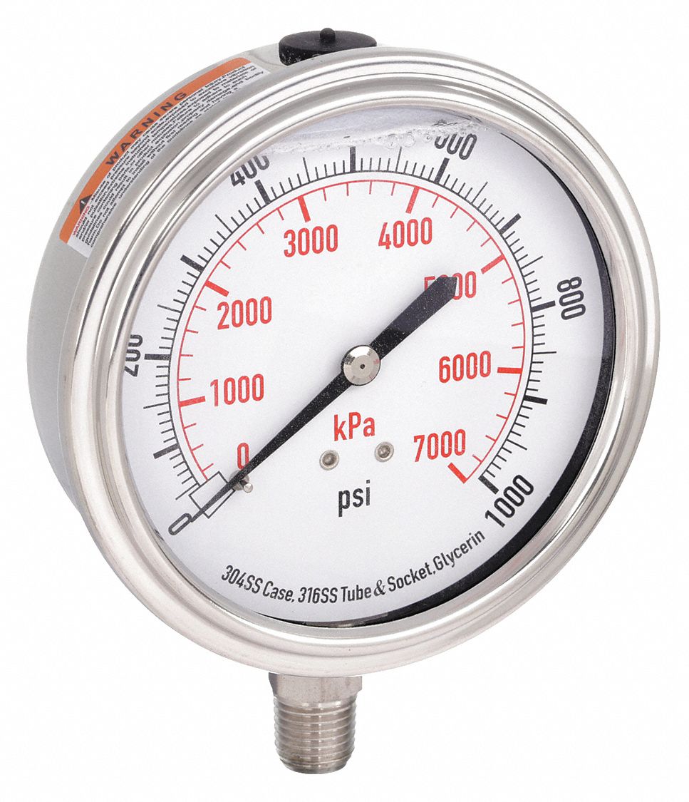 Commercial Pressure Gauge: 0 psi / Hg to 1, 000 psi, 3 1/2 in Dial, 1/4 in NPT Male
