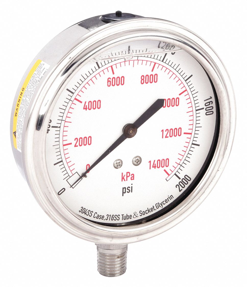Commercial Pressure Gauge: 0 psi / Hg to 2, 000 psi, 3 1/2 in Dial, 1/4 in NPT Male