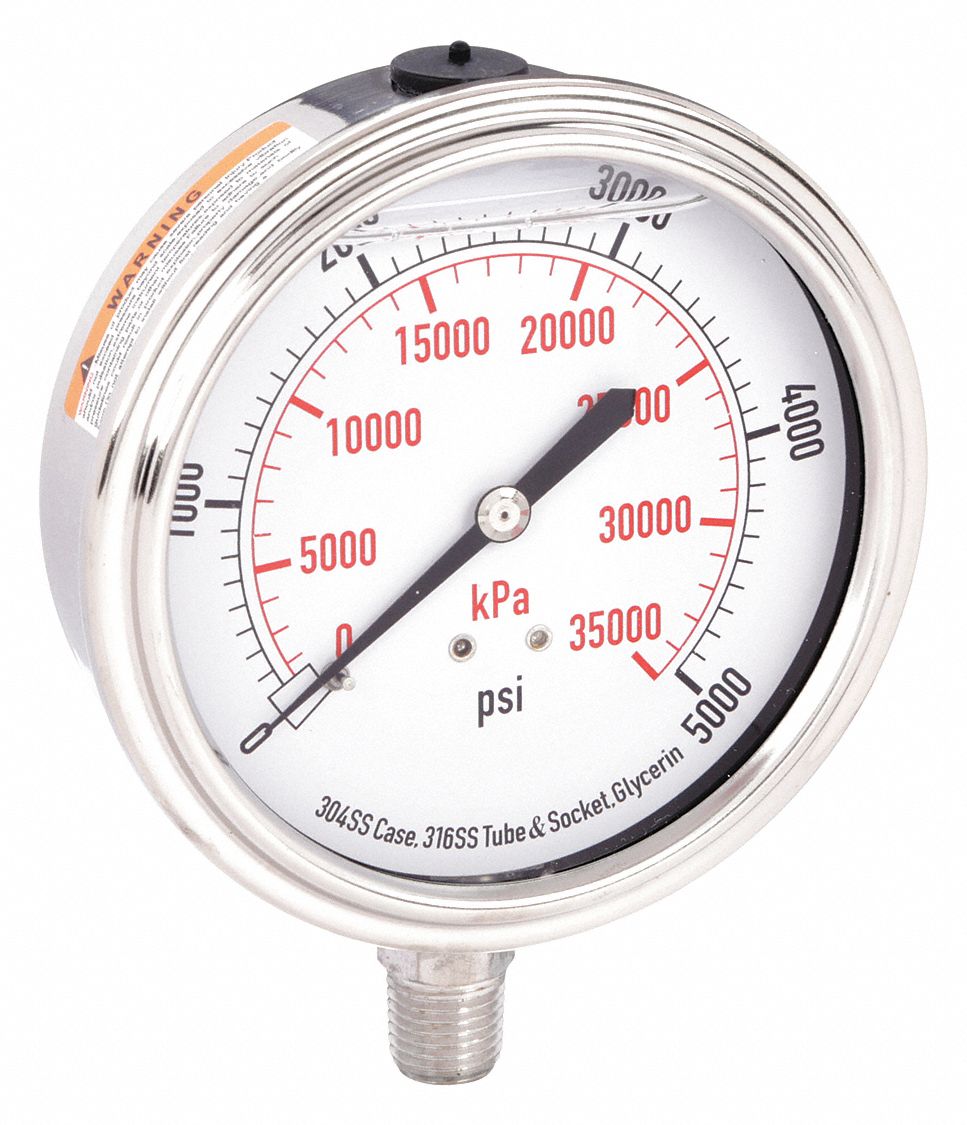 Commercial Pressure Gauge: 0 psi / Hg to 5, 000 psi, 3 1/2 in Dial, 1/4 in NPT Male