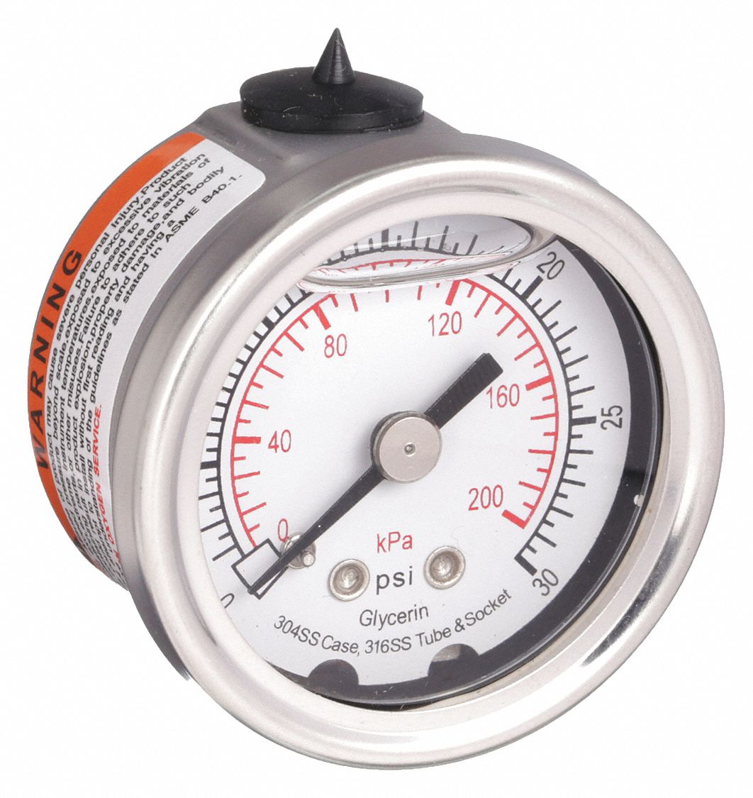 PRESSURE GAUGE,FILLED,1 1/2 IN,30 P