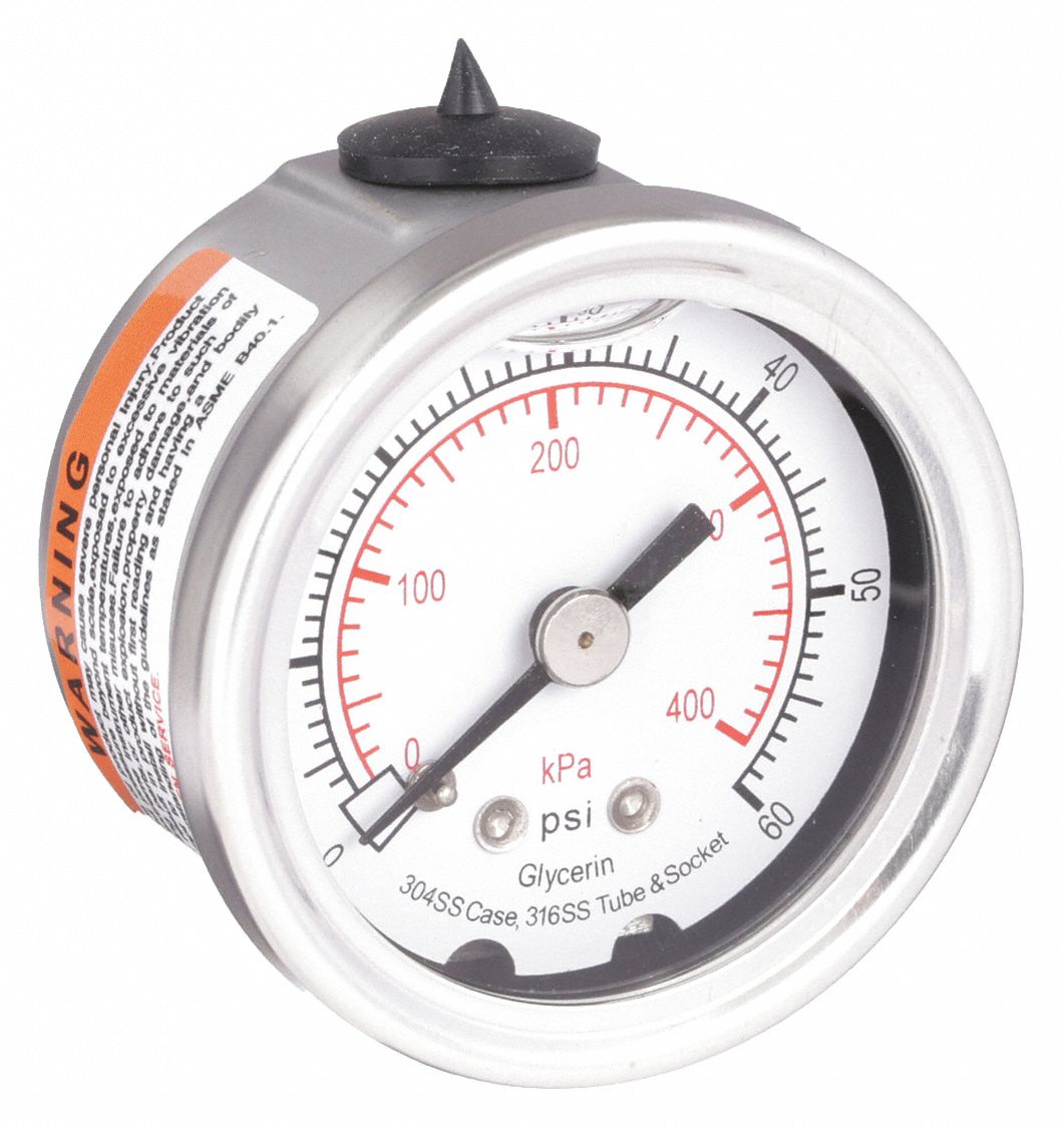 PRESSURE GAUGE,FILLED,1 1/2 IN,60 P