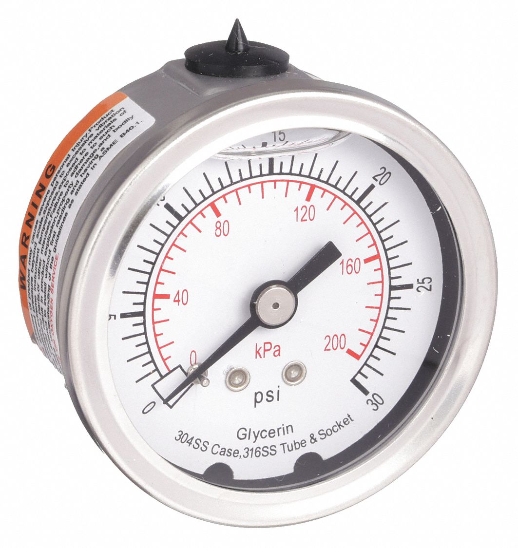 PRESSURE GAUGE,FILLED,2 IN,30 PSI,S