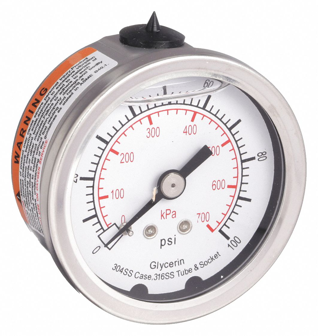 PRESSURE GAUGE,FILLED,2 IN,100 PSI,