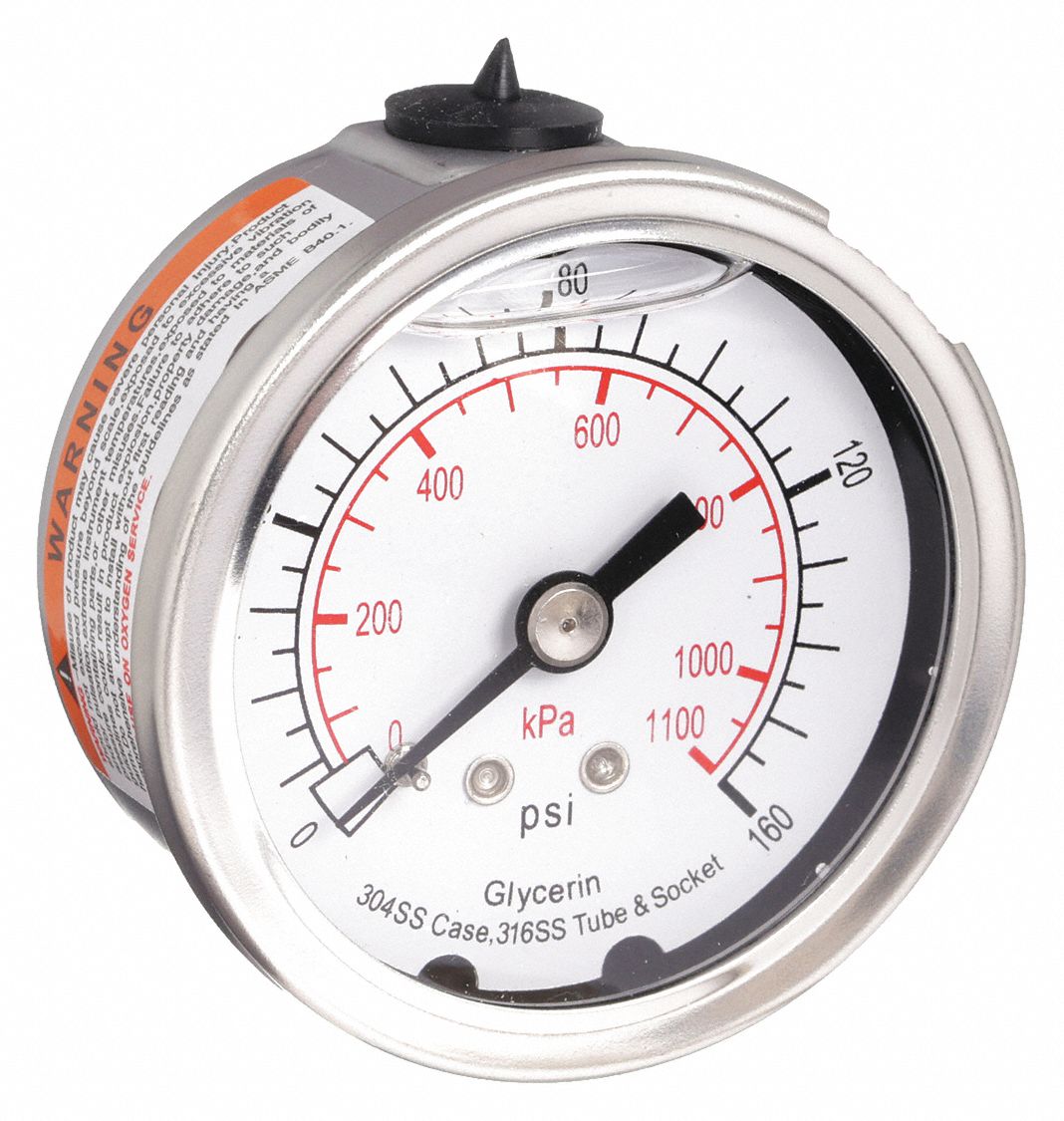 PRESSURE GAUGE,FILLED,2 IN,160 PSI,