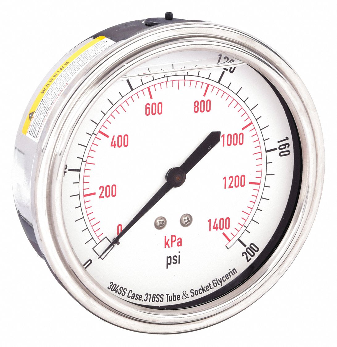 Commercial Pressure Gauge: 0 psi / Hg to 200 psi, 3 1/2 in Dial, 1/4 in NPT Male