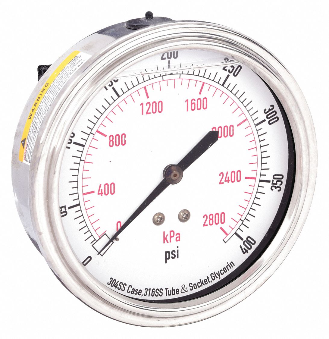 Commercial Pressure Gauge: 0 psi / Hg to 400 psi, 3 1/2 in Dial, 1/4 in NPT Male
