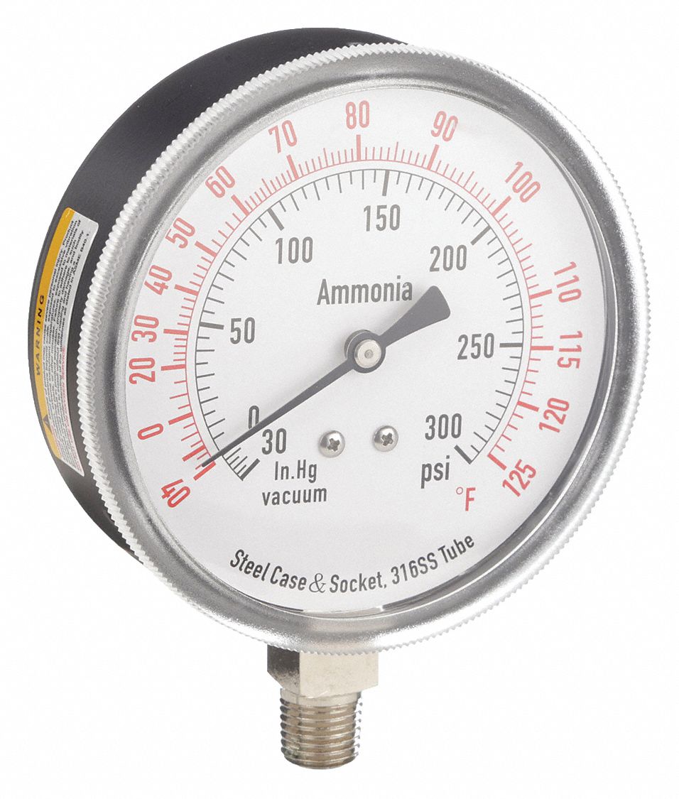 Ammonia & Refrigerant Compound Gauge: 0 psi to 300 psi, 3 1/2 in Dial, 1/4 in NPT