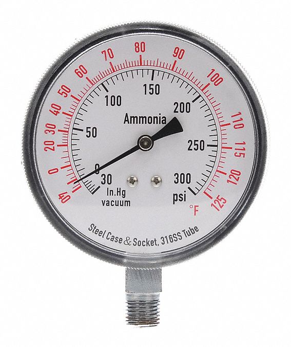 GRAINGER APPROVED 31/2" Ammonia Refrigerant Compound Gauge, 30 to 0 to 300 In. Hg/psi 4CFW9