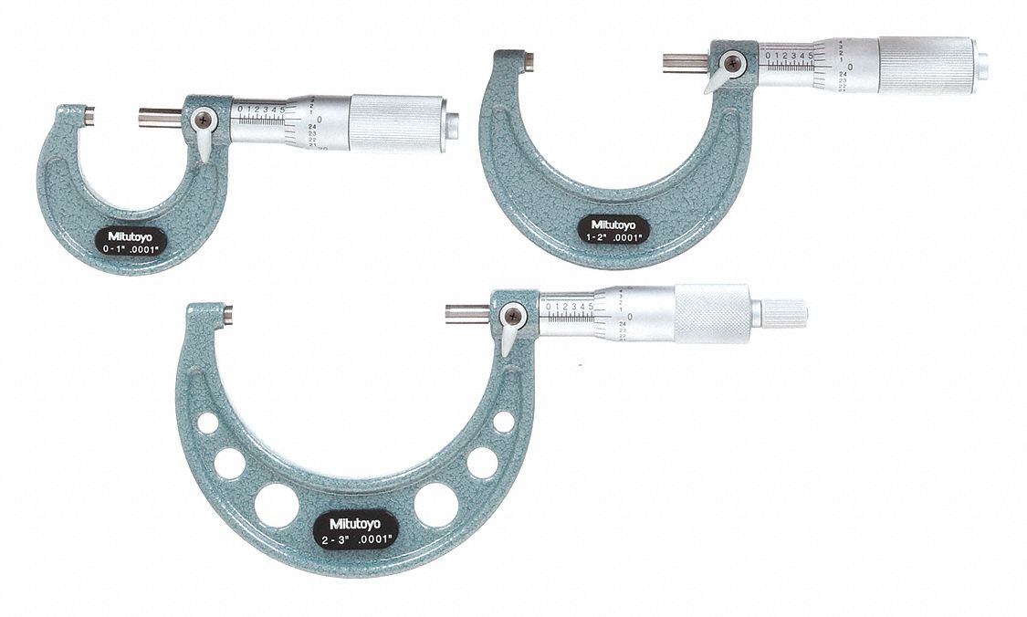 MECHANICAL OUTSIDE MICROMETER SET, 0 TO 3 IN RANGE, +/-001 IN ACCURACY, 3 MICROMETERS