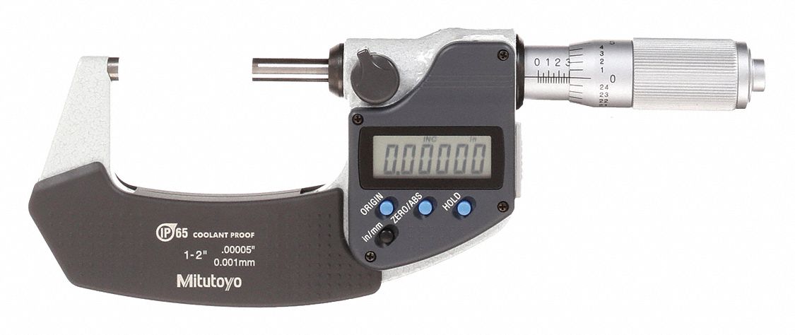 IP65 DIGITAL OUTSIDE MICROMETER, 1 TO 2 IN/25.4 TO 5.8MM RANGE, IP65, INCH/METRIC, LCD