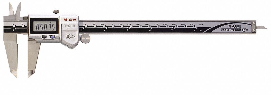 DIGITAL CALIPER, SPC, +/- 0.001 IN ACCURACY, 0-8 IN RANGE, 1/4-1 IN JAW DEPTH, STAINLESS STEEL
