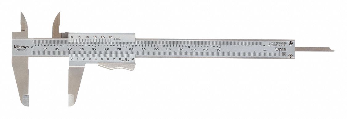 4-WAY VERNIER CALIPER, 0 TO 6 IN/0 TO 15MM RANGE, +/-0.03MM ACCURACY, THUMB CLAMP