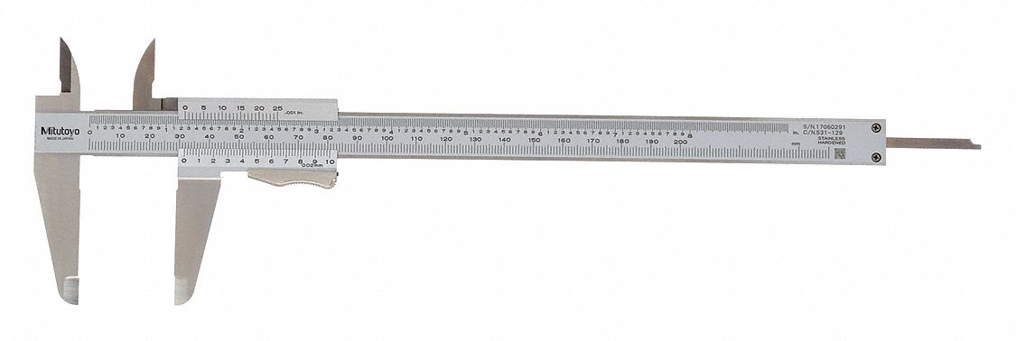 4-Way Vernier Caliper: 0 in to 8 in/0 mm to 203.2 mm Range, +/-0.03 mm Accuracy, Std Jaw