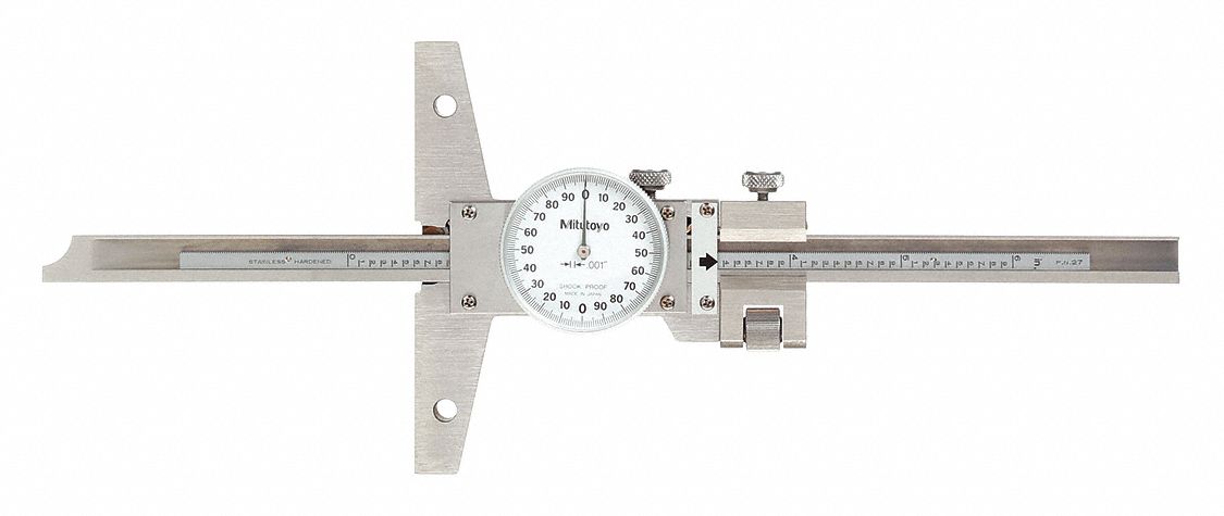 DIAL DEPTH GAUGE, 0 IN TO 6 IN RANGE, +/-01 IN ACCURACY, 01 IN GRADUATIONS, FULL BASE