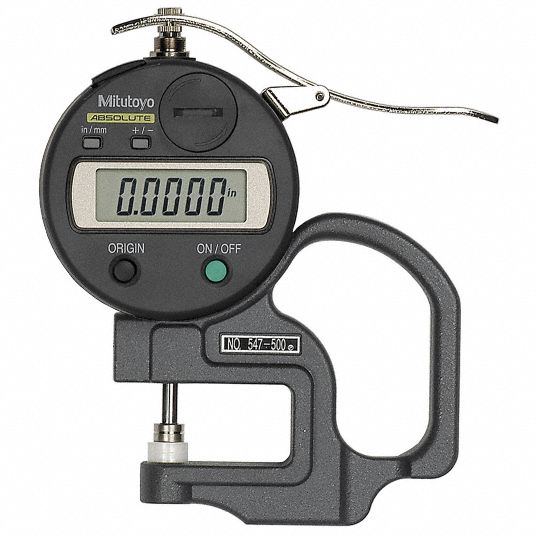 MITUTOYO Digital Thickness Gauge, Range 0 in to 1/2 in, 0 mm to 12 mm
