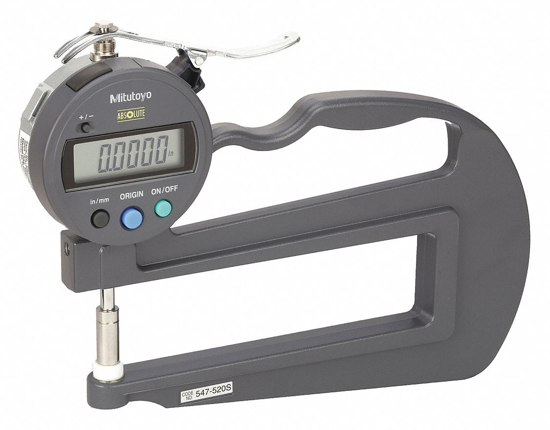 DIGITAL THICKNESS GAUGE,+/- 0.001 IN ACCURACY,0-0.47 IN RGE,0.0005 RES,4.72 IN THROAT,STEEL