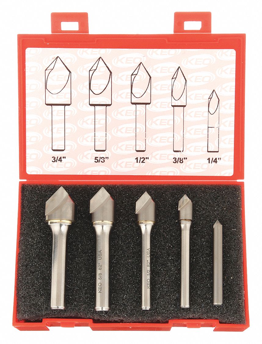 Countersink Set: Carbide, Bright (Uncoated) Finish, 1/4 in Smallest Body Dia., 5 Pieces