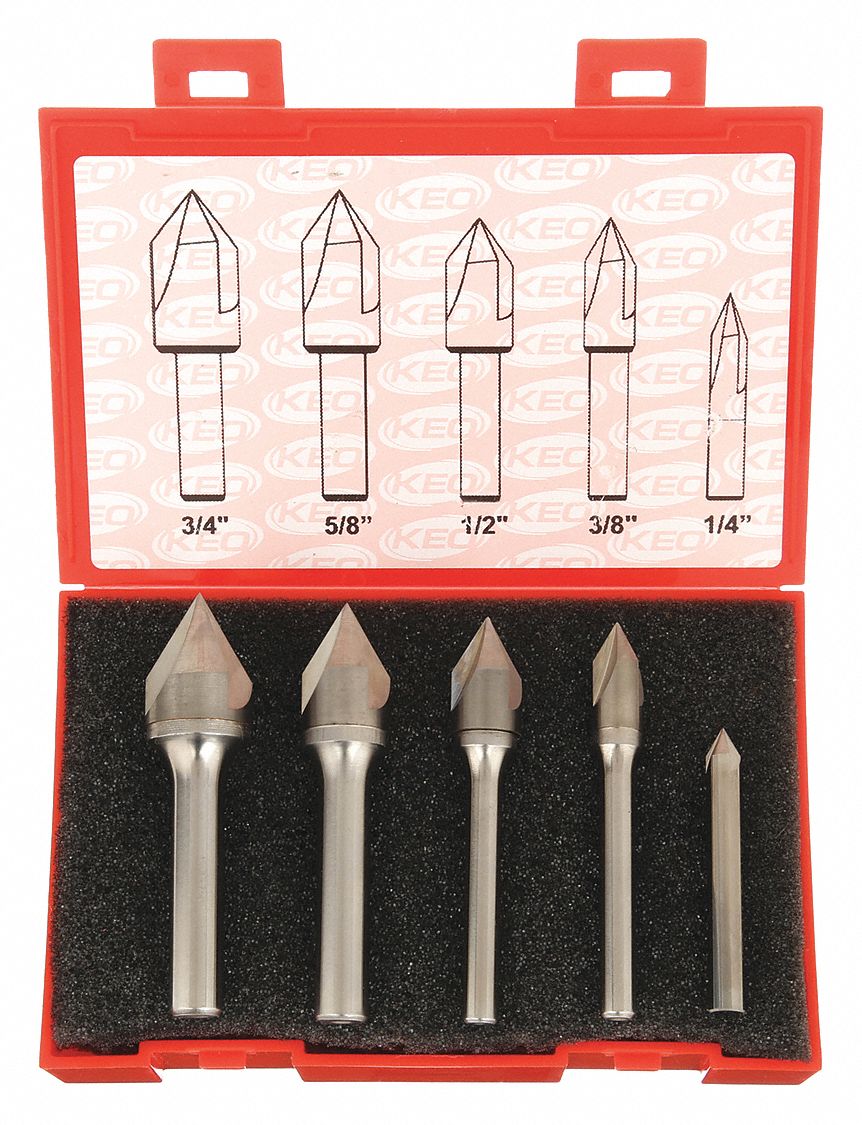 Countersink Set: Carbide, Bright (Uncoated) Finish, 1/4 in Smallest Body Dia., 5 Pieces