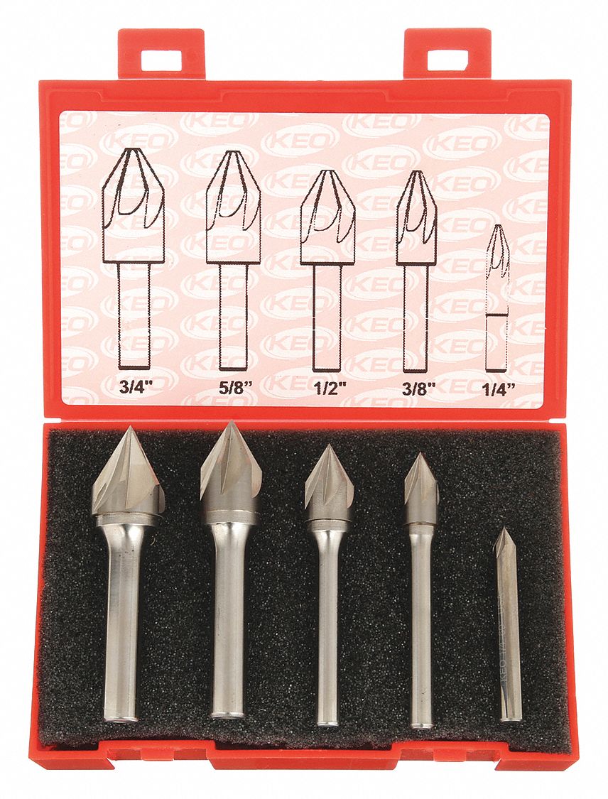 Countersink Set: Carbide, Bright (Uncoated) Finish, 1/4 in Smallest Body Dia., 5 Pieces