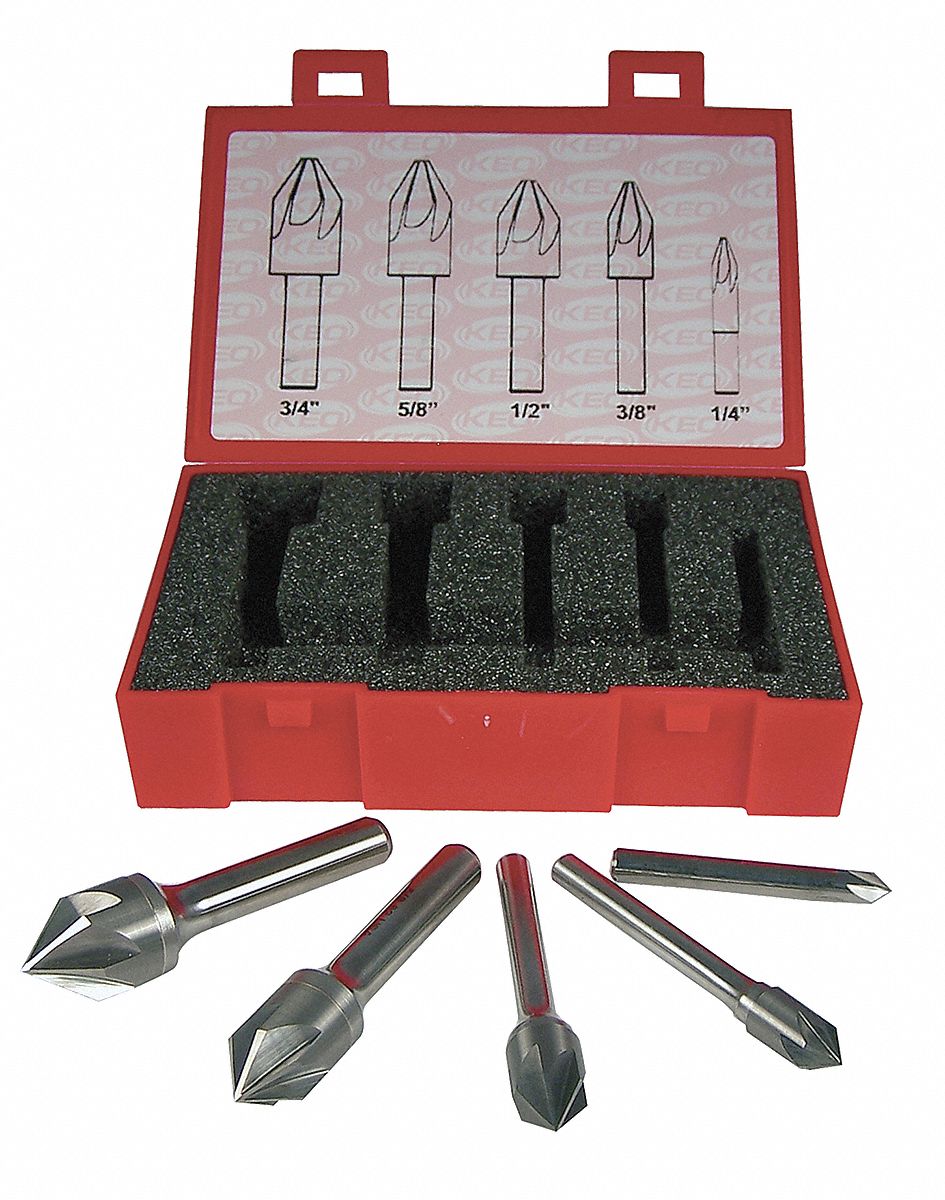 COUNTERSINK SET, CARBIDE, BRIGHT/UNCOATED FINISH, ¼ IN SMALLEST BODY DIA, 5 PIECES